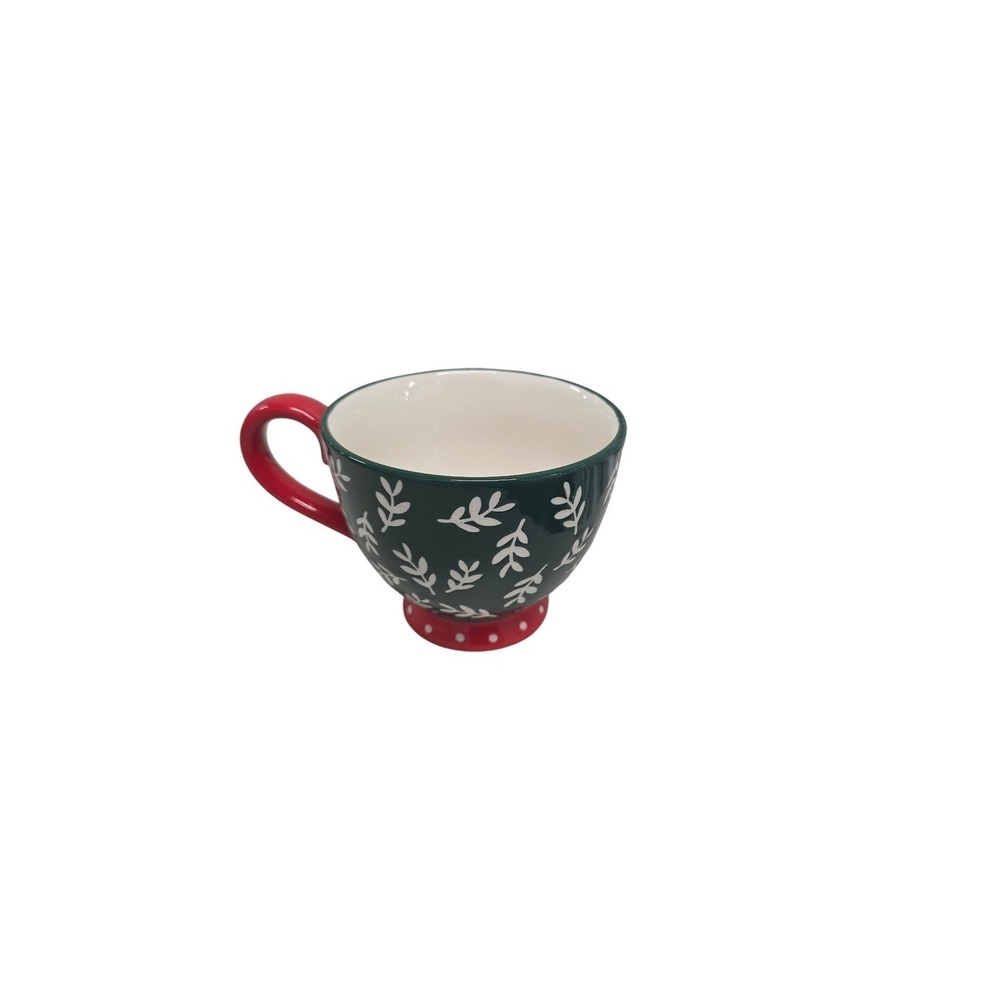 Potter's Studio Green Red Christmas Leaf Polka Dot Footed Ceramic Coffee Mug